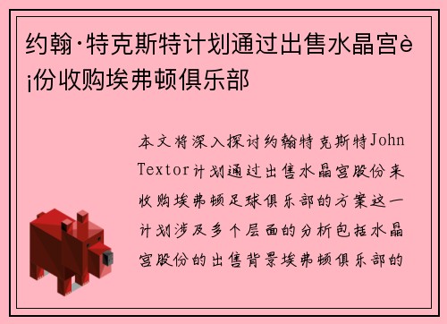 约翰·特克斯特计划通过出售水晶宫股份收购埃弗顿俱乐部